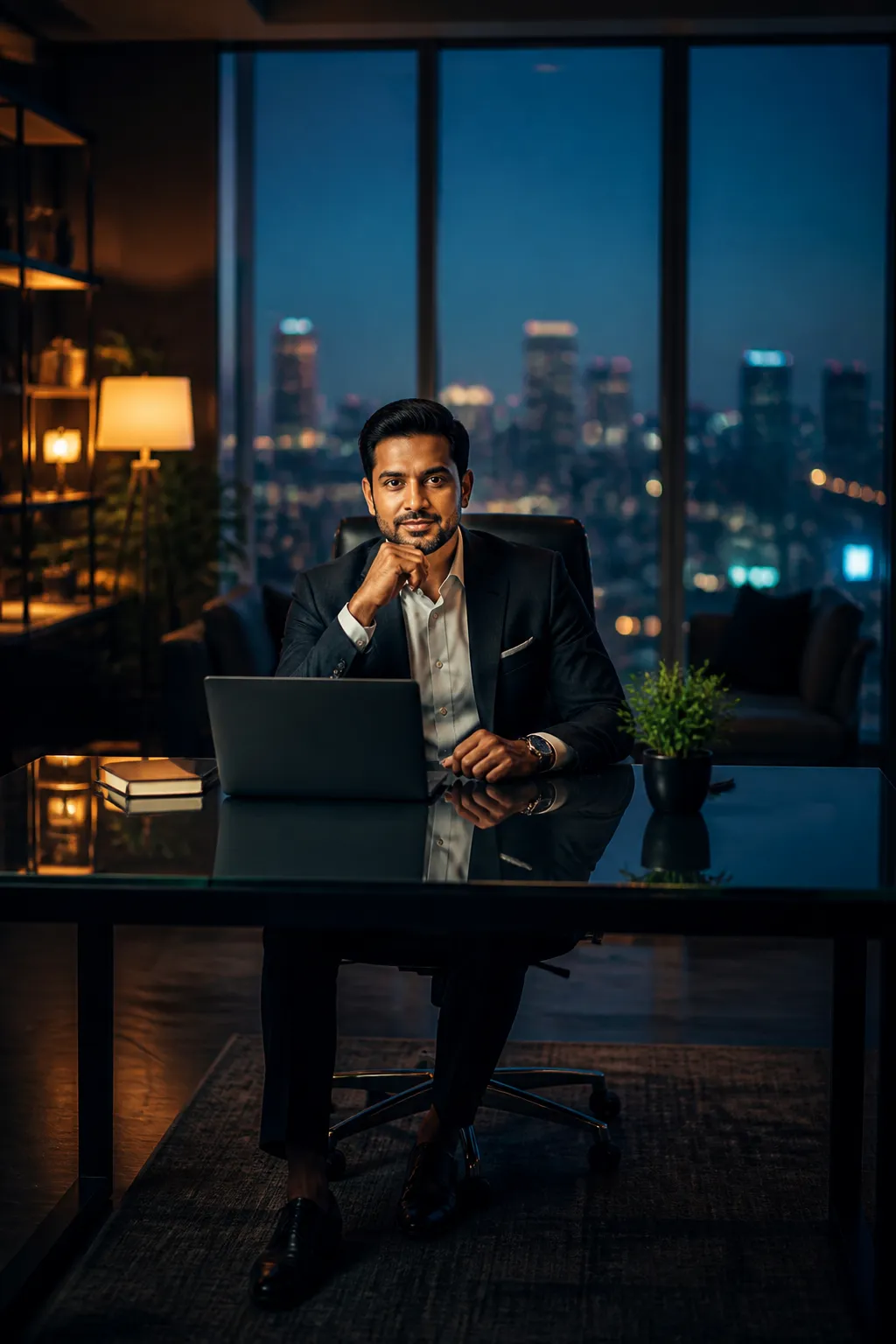 Indian financial advisor working late in a modern office with city lights in the background