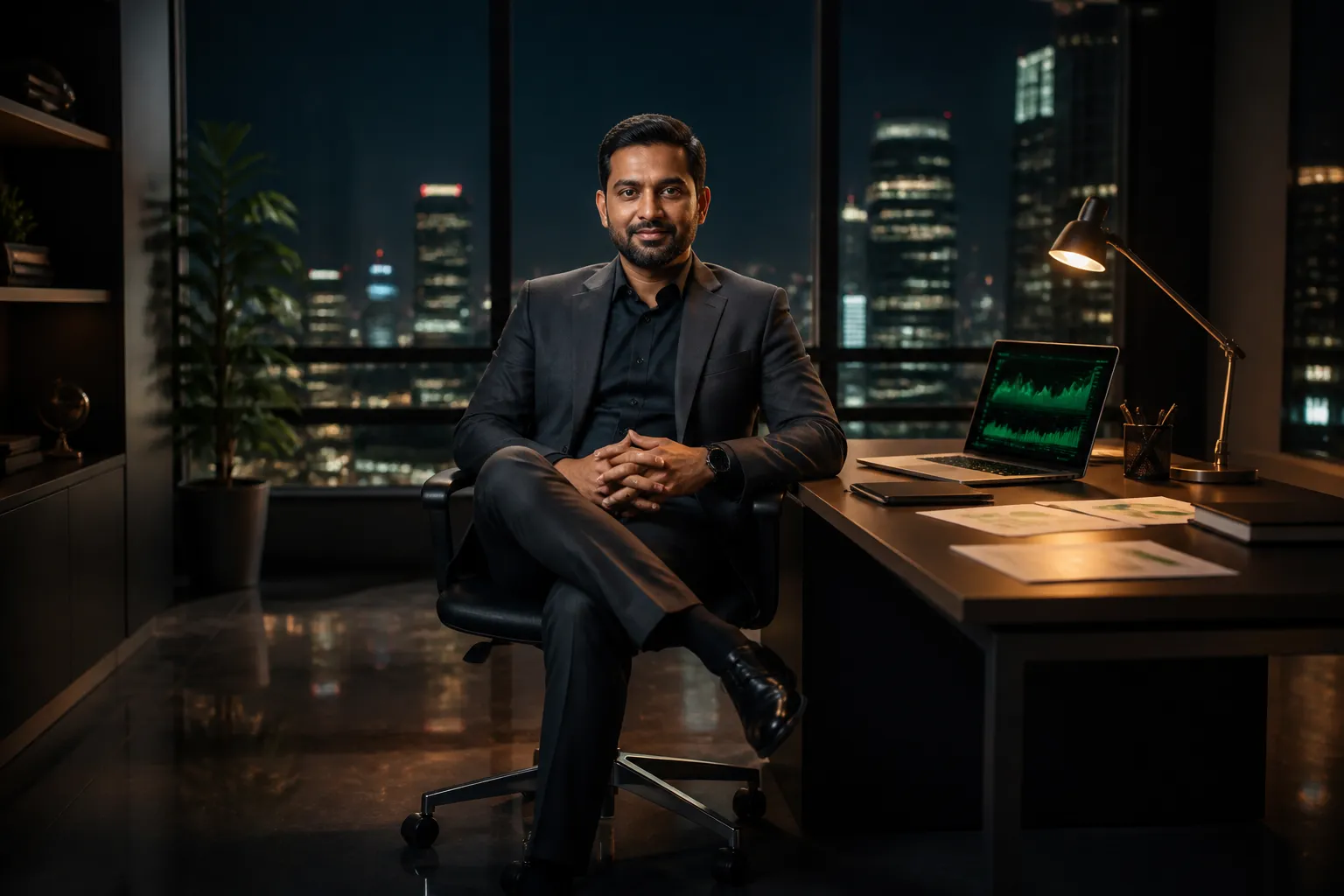 Indian financial advisor reviewing growth data in a modern Mumbai office